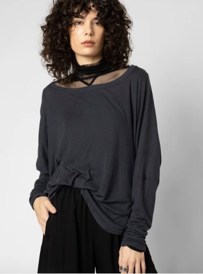 Sleeved Knit Ellipse Top-Pewter